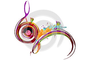 Abstract musical design with a treble clef and colorful splashes, notes and waves.